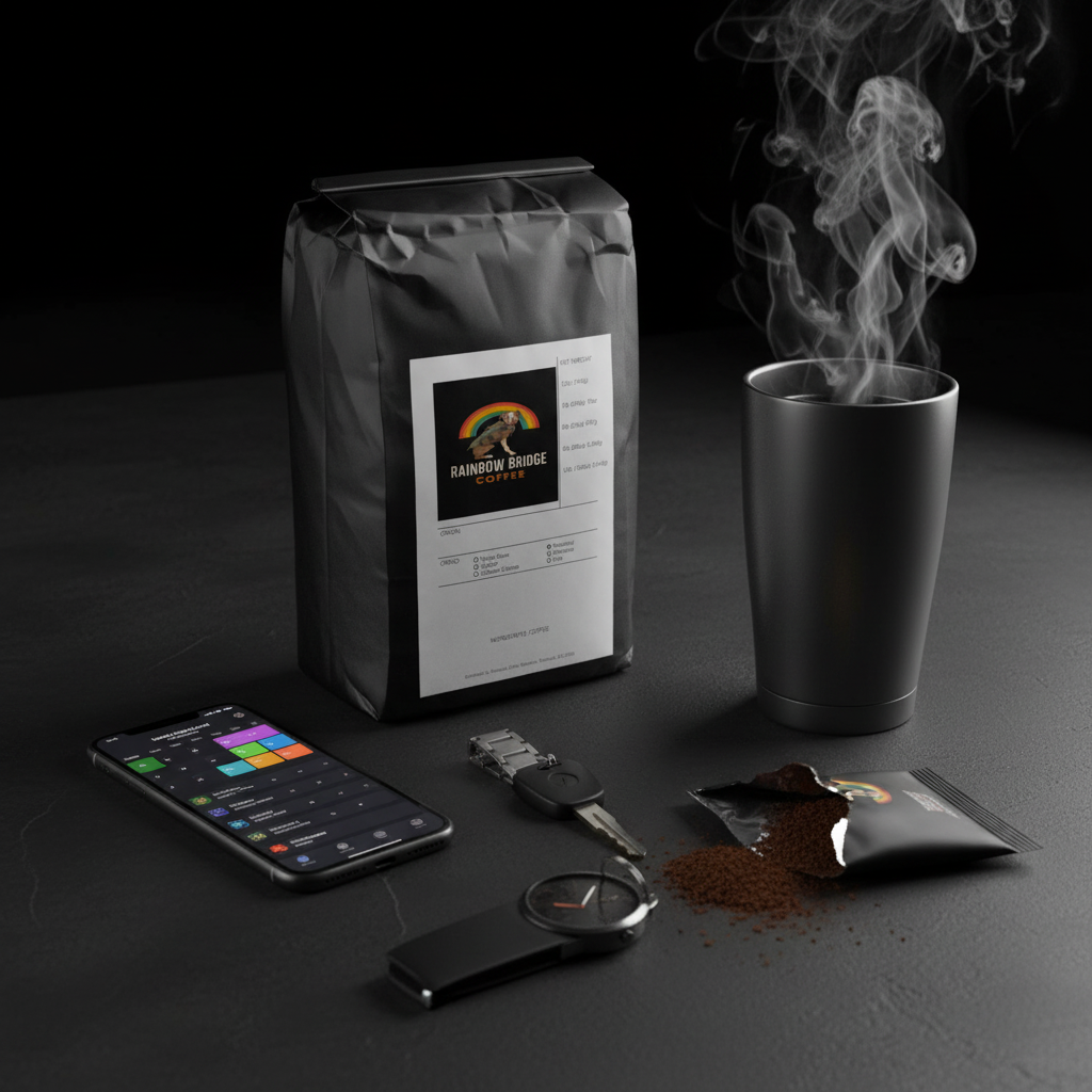 Busy professional flat lay with travel tumbler, packed calendar and watch with Quick Comfort Brew instant coffee