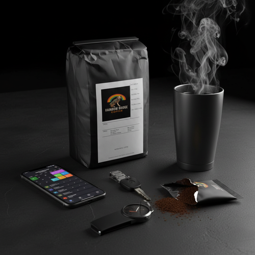 Busy professional flat lay with travel tumbler, packed calendar and watch with Quick Comfort Brew instant coffee