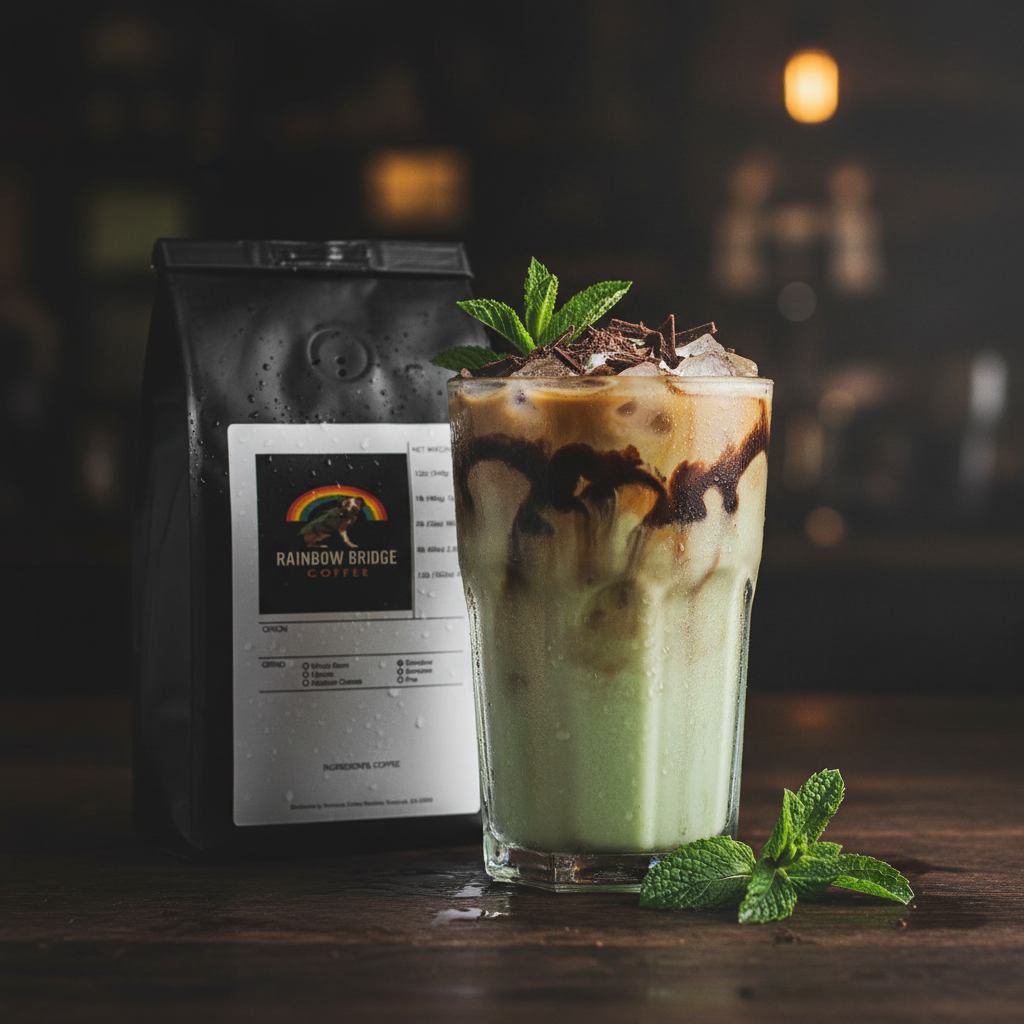Dramatic iced mint mocha with chocolate drizzle and cool mist with Cool Breeze Mocha coffee