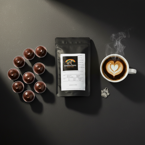 Product hero flat lay with coffee capsules fanned out, heart foam art and paw print charm with Morning Hero Pods