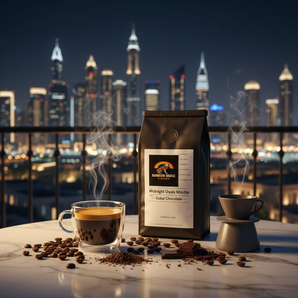 Double espresso with crema and dark chocolate on a Dubai rooftop with Midnight Oasis Mocha coffee