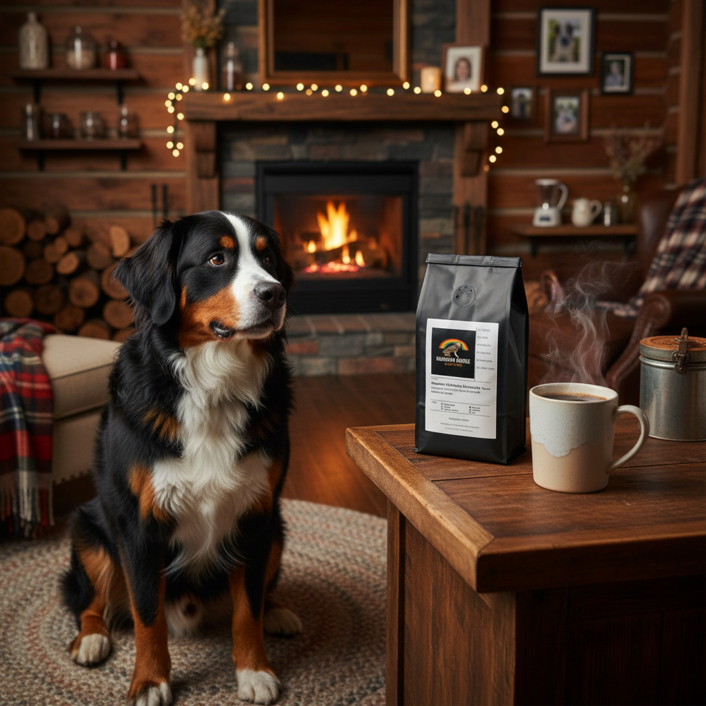 Bernese Mountain Dog at a rustic coffee bar with Rainbow Bridge Favorites Pack coffee