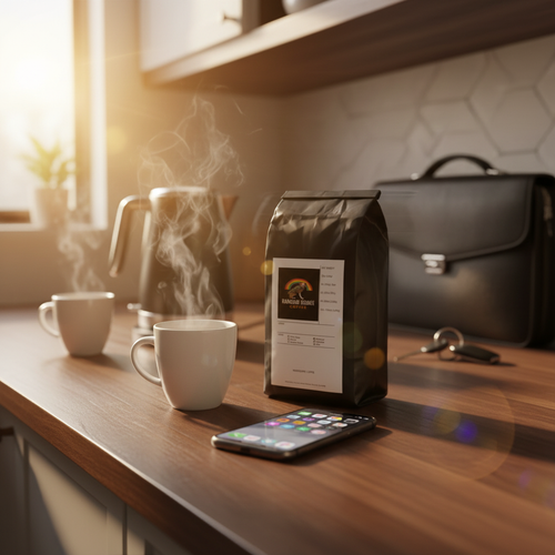 Busy morning kitchen scene with steaming mug, phone notifications and keys with Quick Comfort Brew instant coffee