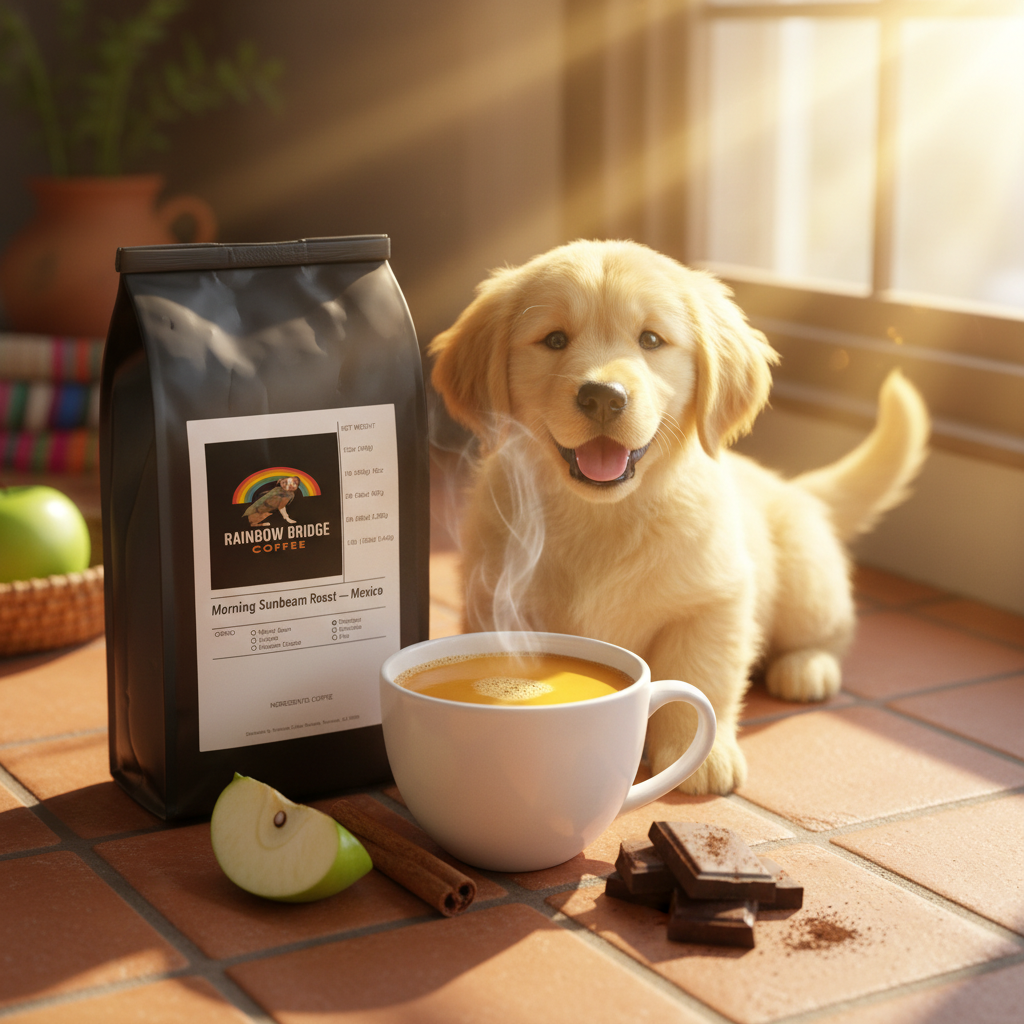 Golden Retriever puppy in morning sunshine with green apple and cinnamon with Morning Sunbeam Roast Mexico coffee