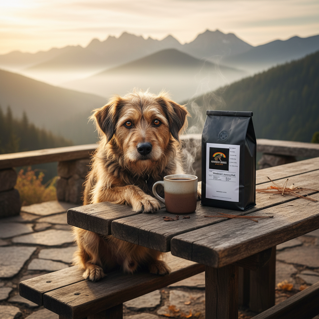 Rescue dog in mountain landscape with Wanderer's Journey Pack coffee
