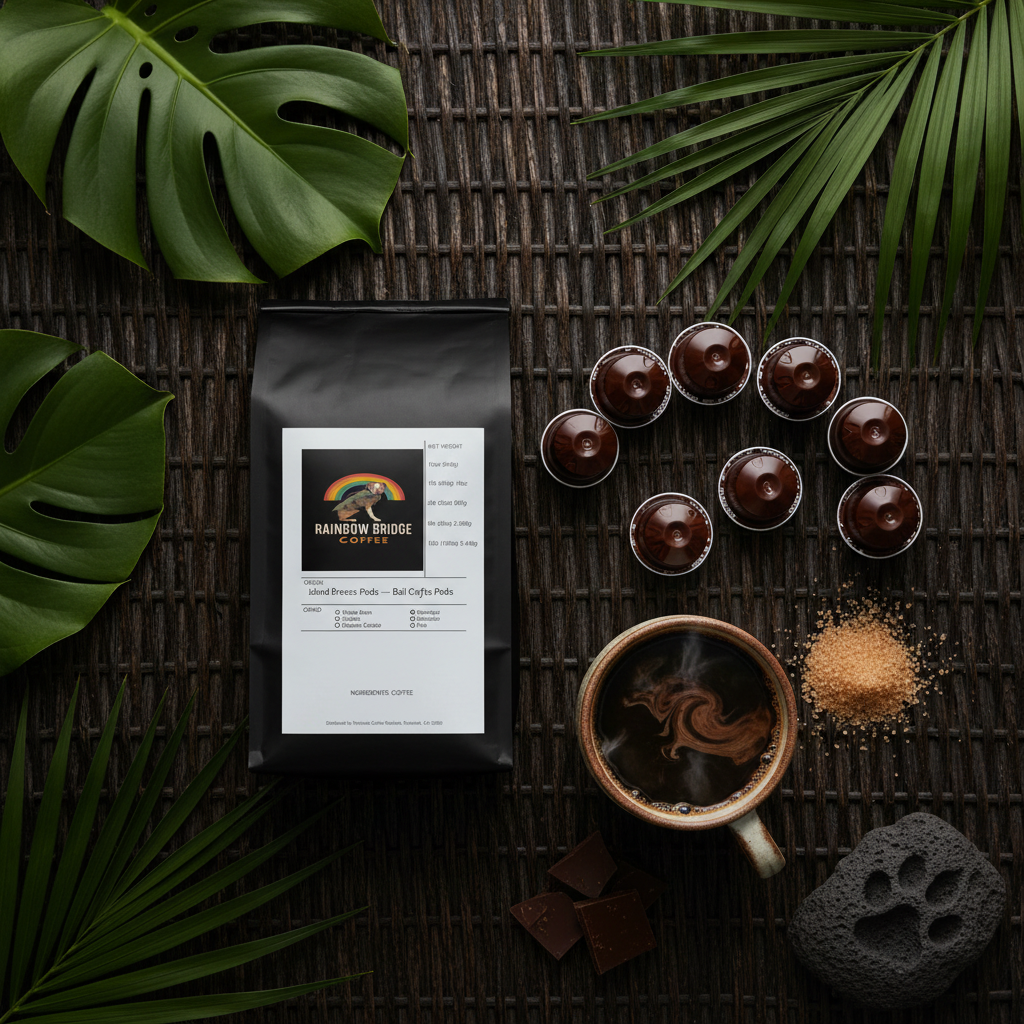 Lush rattan flat lay with pods, dark chocolate, raw cane sugar and paw print in volcanic stone with Island Breeze Pods