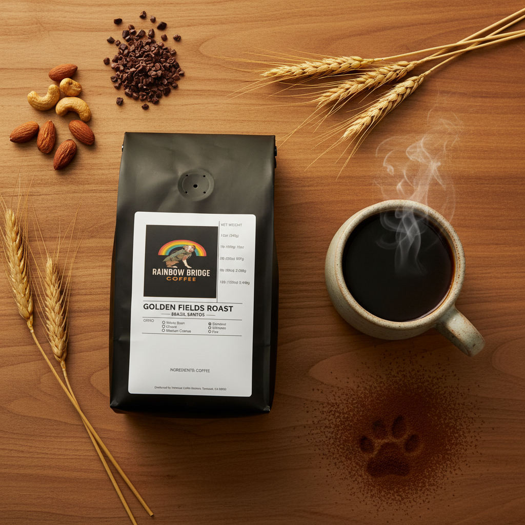 Golden wood flat lay with roasted nuts, cocoa nibs, wheat stalks and paw print in cocoa with Golden Fields Roast Brazil Santos coffee