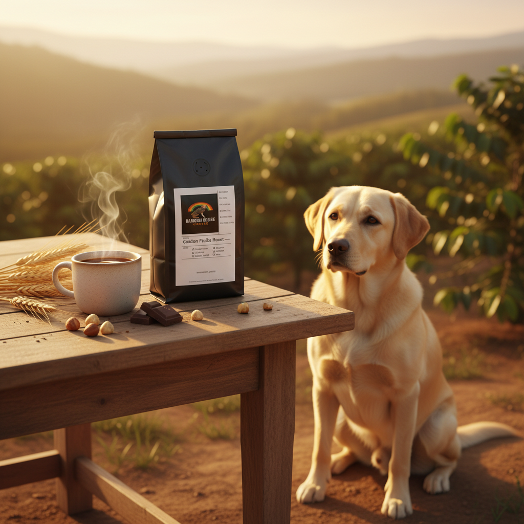 Mellow Labrador on Brazilian farm table with hazelnuts, dark chocolate and golden wheat stalks with Golden Fields Roast Brazil Santos coffee