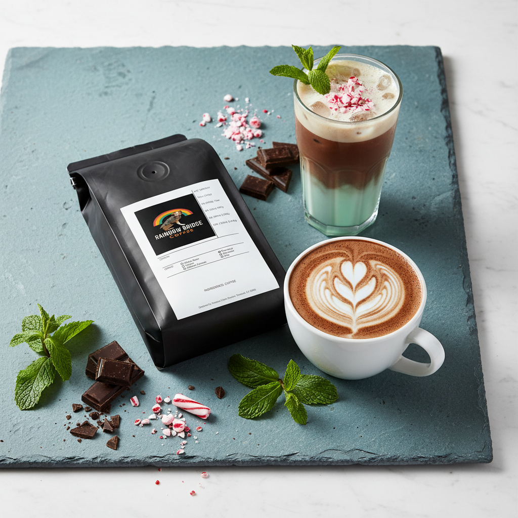 Mint chocolate mocha flat lay with latte art and crushed peppermint with Cool Breeze Mocha coffee