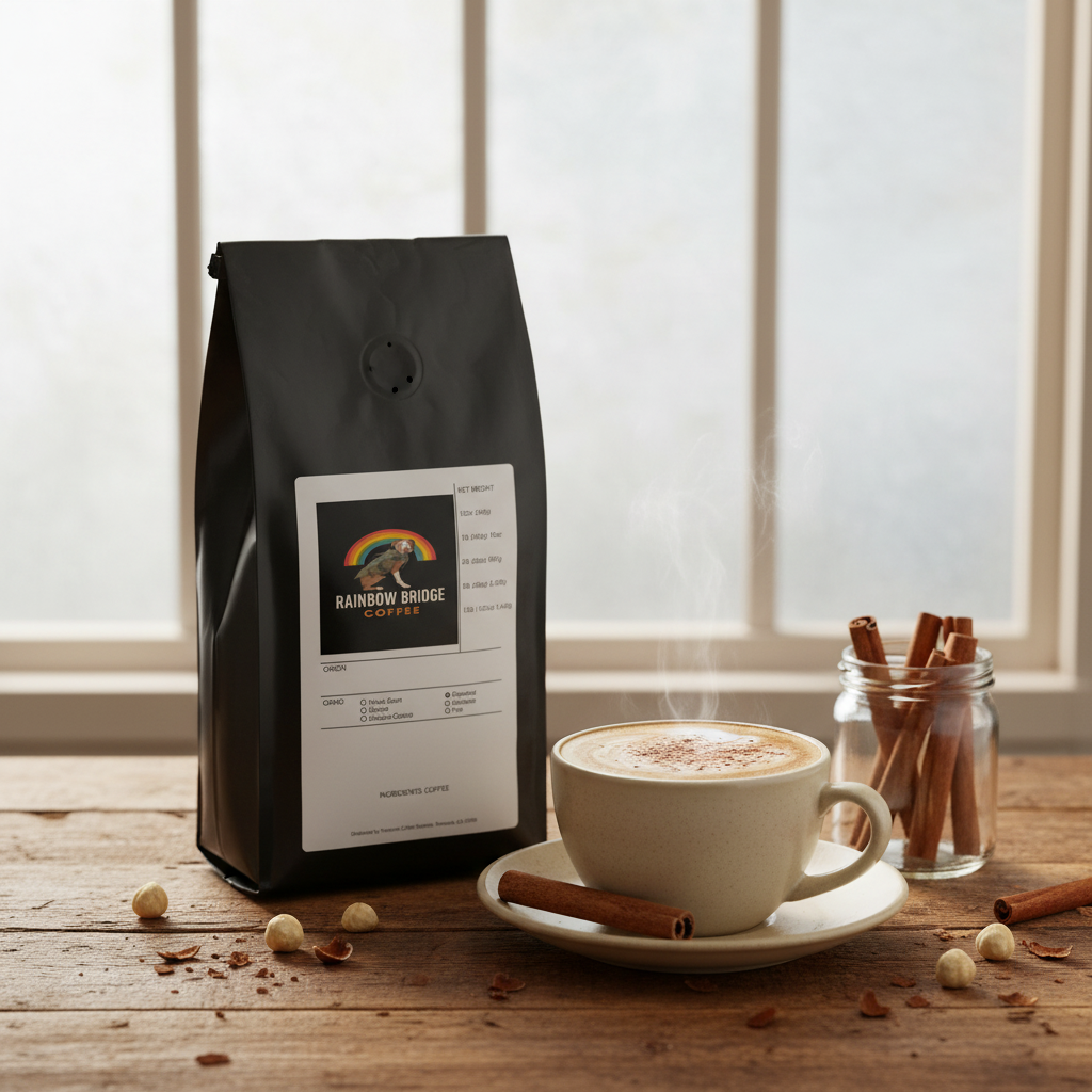 Hazelnut latte with cinnamon by a frosted window with Warm Hug Hazelnut Cinnamon Hazelnut coffee