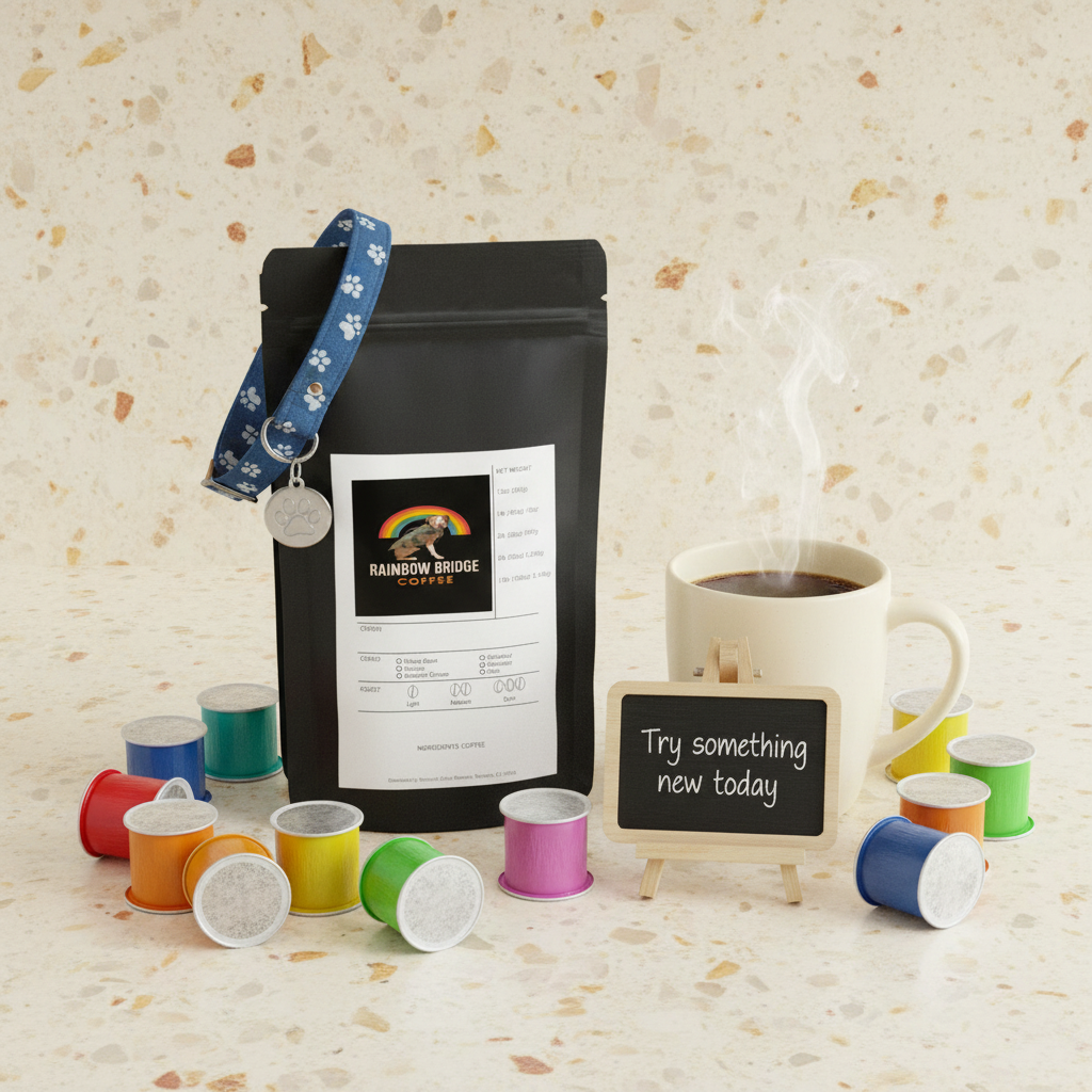 Colorful capsule arrangement with chalkboard sign and dog collar paw tag with Daily Tail-Wag Pods 12 Pack coffee capsules