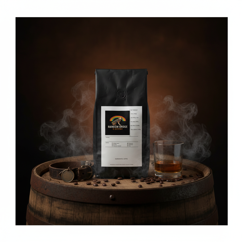 Product hero shot on whiskey barrel with smoke, whiskey glass and leather dog collar with Barrel-Aged Ember Roast coffee