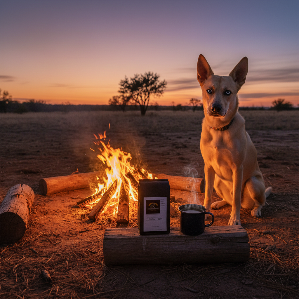 Bear the dog with heterochromia eyes beside glowing campfire with Bear's Big-Hearted Brew Cowboy Blend coffee