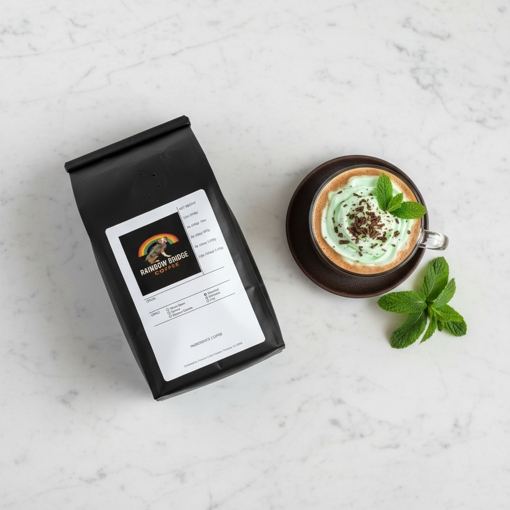 Fresh mint cream mocha with mint leaves and chocolate shavings on marble with Cool Breeze Mocha coffee