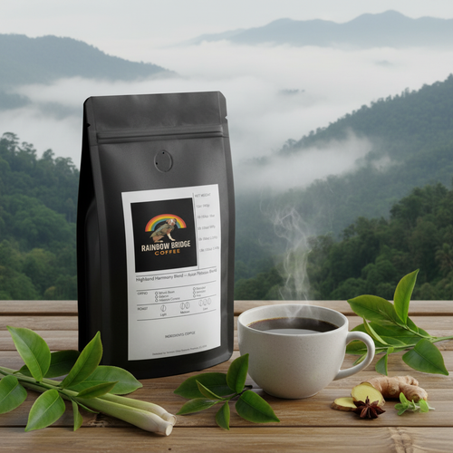 Bamboo surface with steaming coffee, herbal leaves and mountain mist with Highland Harmony Blend coffee
