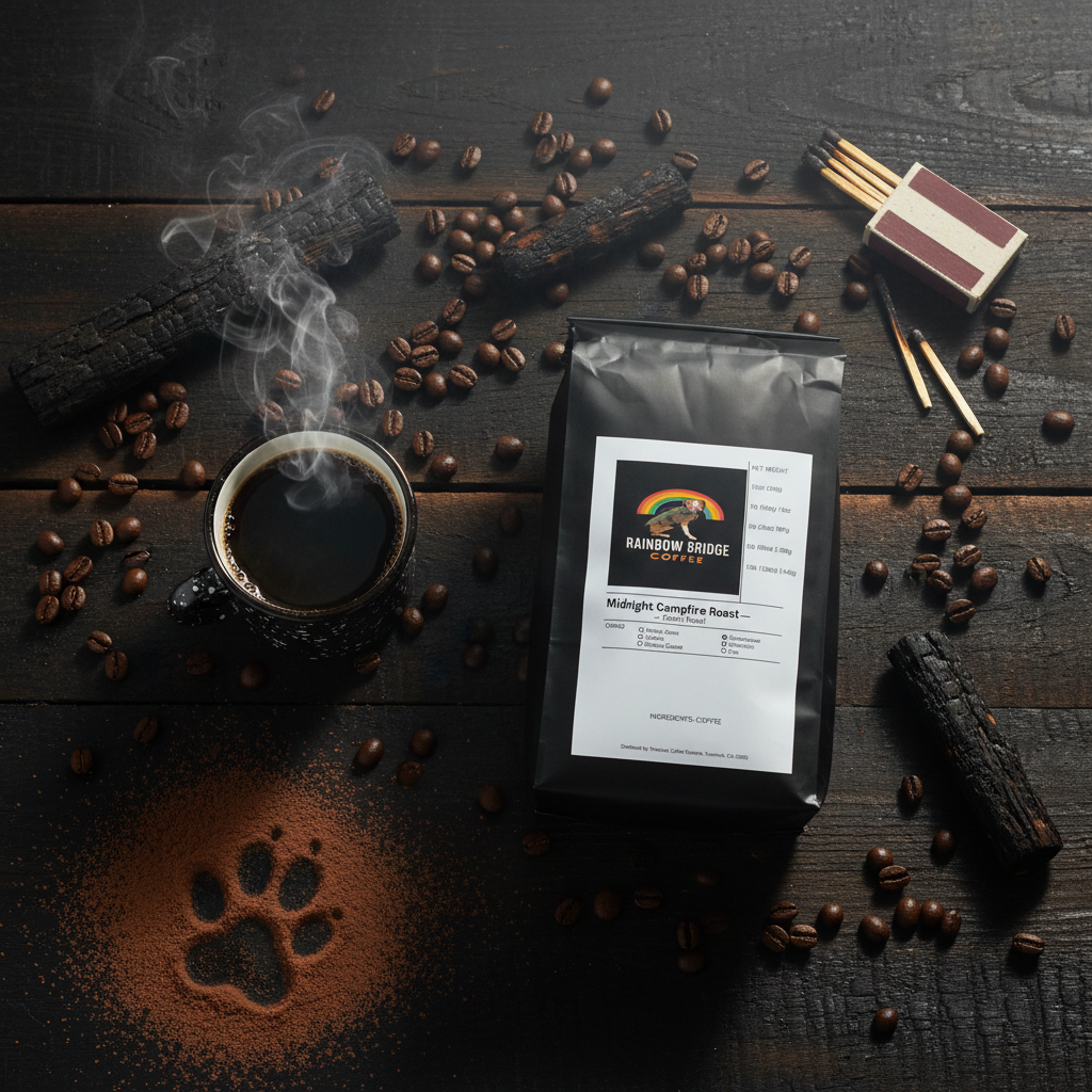 Charred wood flat lay with enamel mug, matchbox and paw print in dark cocoa with Midnight Campfire Roast French Roast coffee