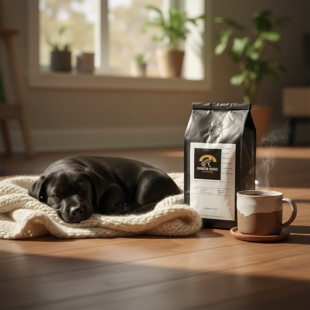 Black lab puppy on a cozy blanket with Wanderer's Journey Pack coffee