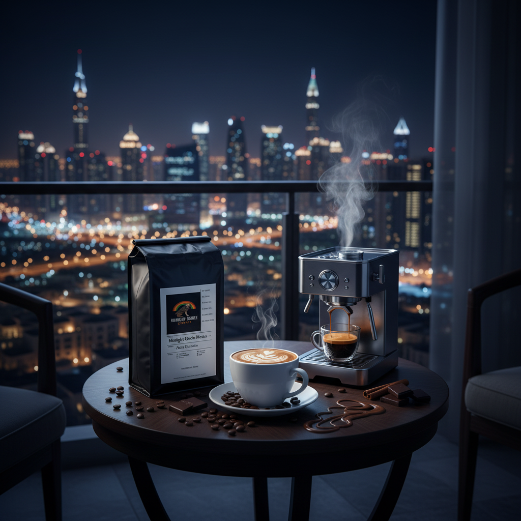 Espresso machine mid-pull in a luxury lounge overlooking a city skyline with Midnight Oasis Mocha coffee