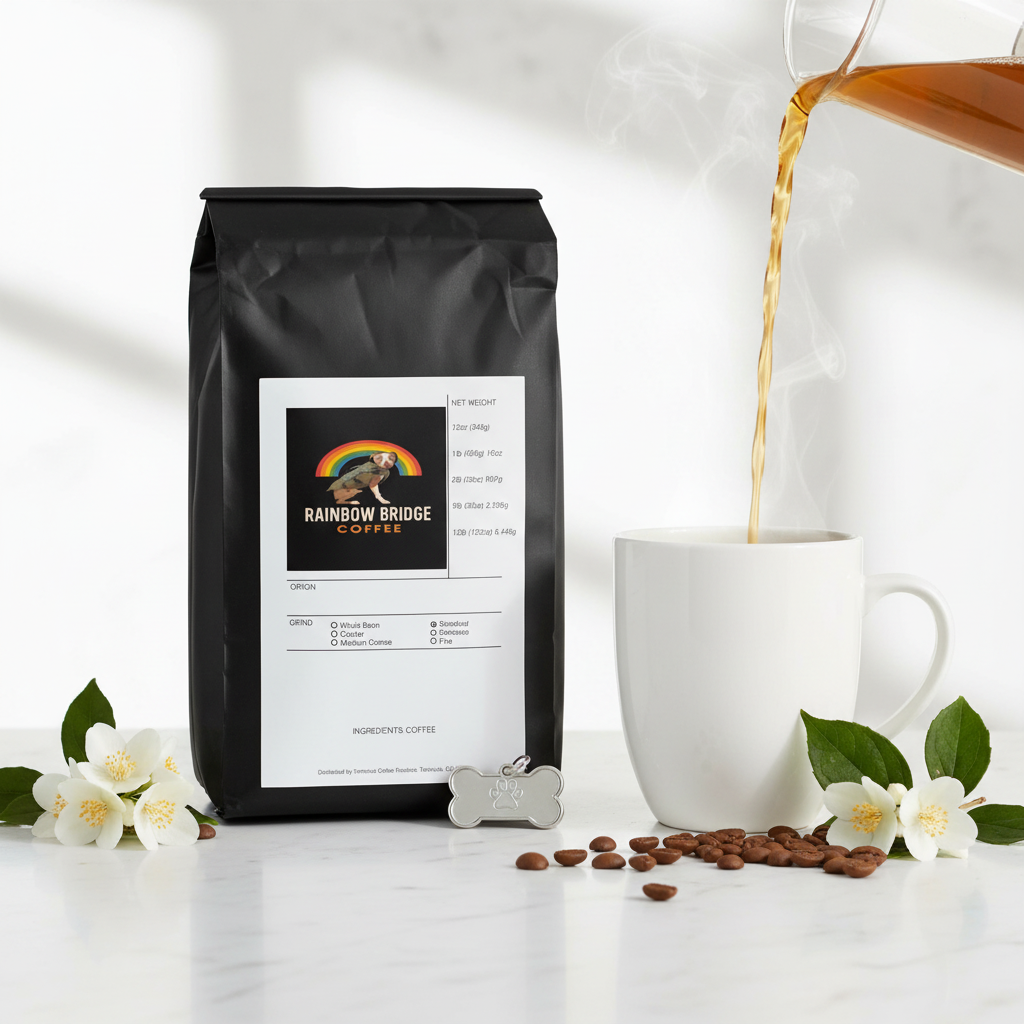 Bright morning coffee pour into white ceramic mug with jasmine flowers and paw print dog tag with Morning Tail-Wag Blend