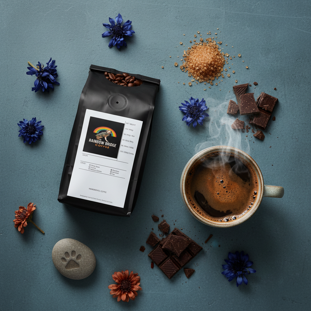 Blue-grey slate flat lay with dark chocolate, molasses sugar and paw print river stone with Blue Horizon Bliss Bali Blue coffee