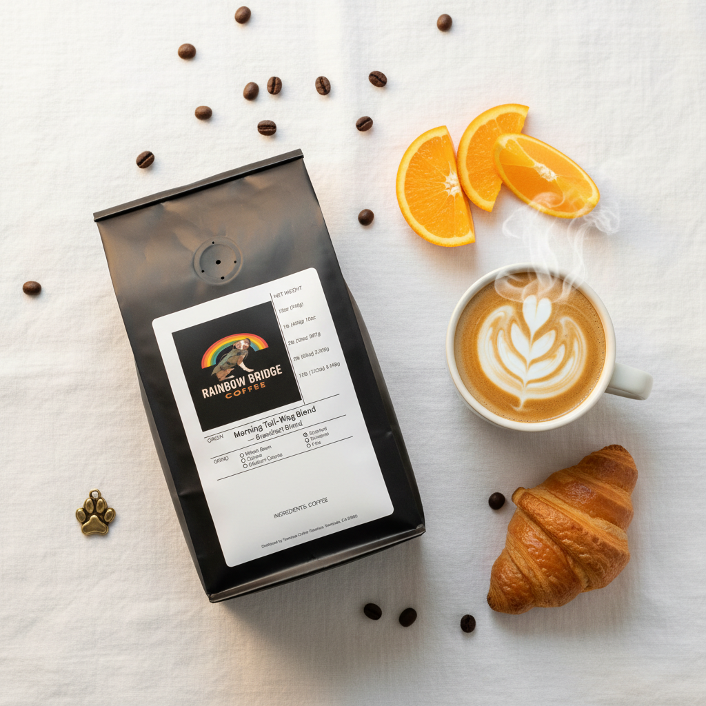 Bright breakfast flat lay with latte art, orange slices, croissant and paw print charm with Morning Tail-Wag Blend coffee