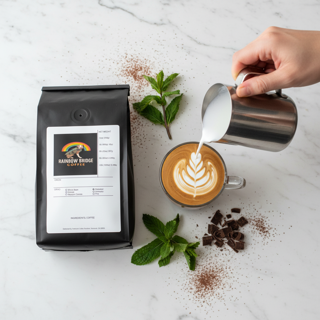 Mint leaf latte art pour with chocolate curls on white marble with Cool Breeze Mocha coffee