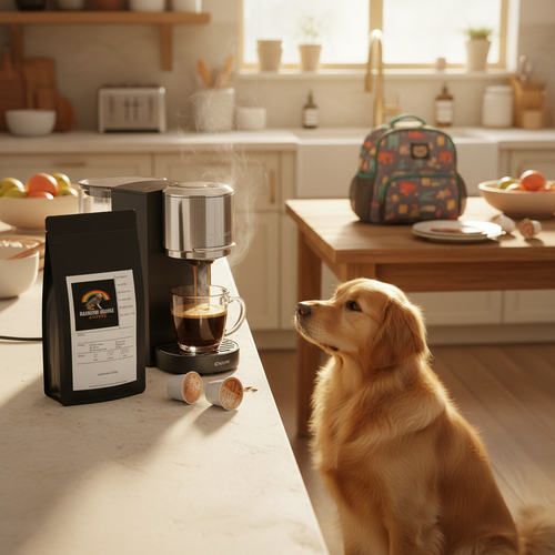 Golden retriever in busy family kitchen with pod machine brewing and Morning Hero Pods 60 Pack coffee capsules
