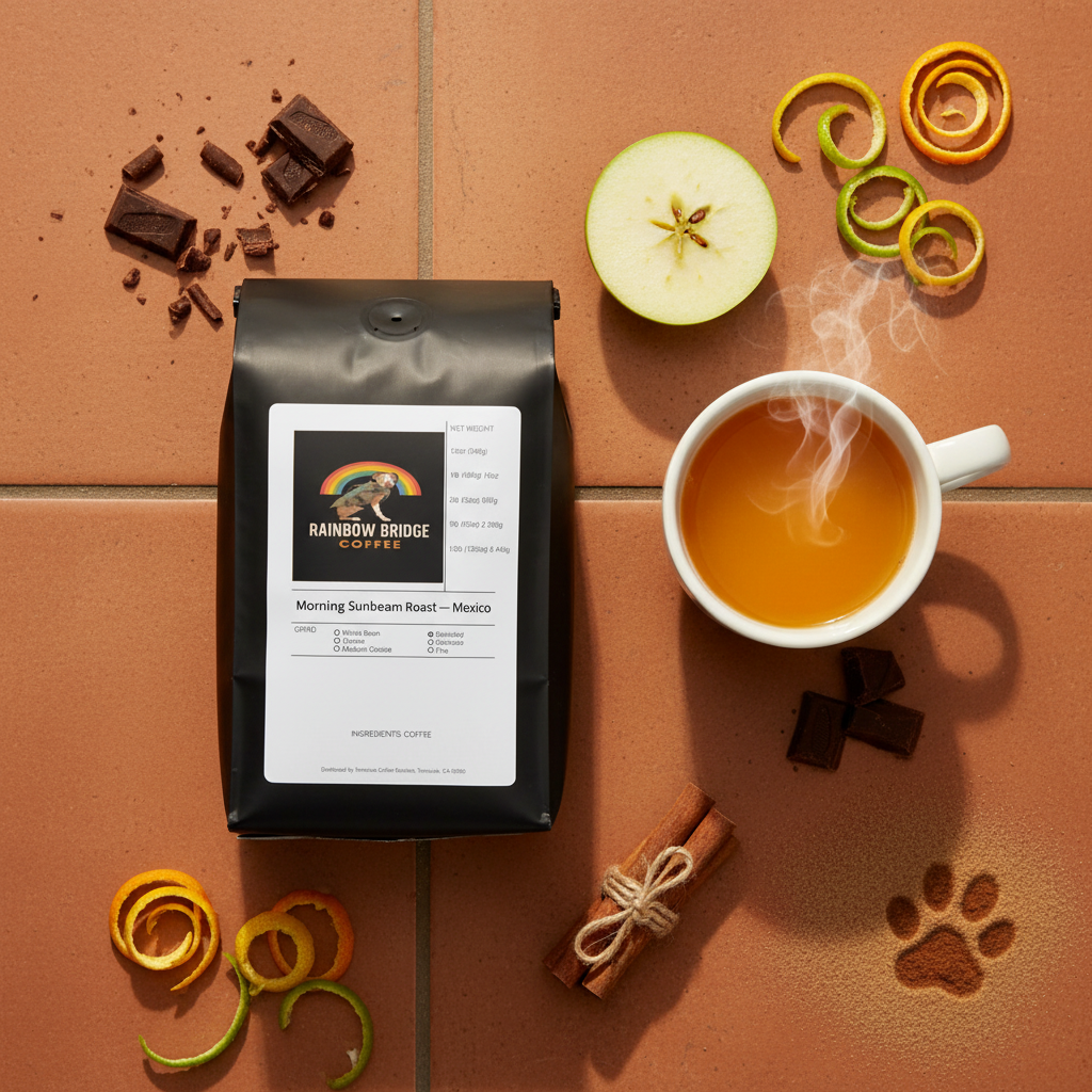 Sun-kissed terracotta flat lay with green apple, citrus zest and paw print in cinnamon with Morning Sunbeam Roast Mexico coffee