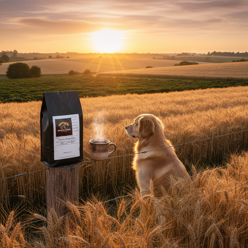 Golden Retriever overlooking vast Brazilian coffee fields at golden sunset with Golden Fields Roast Brazil Santos coffee