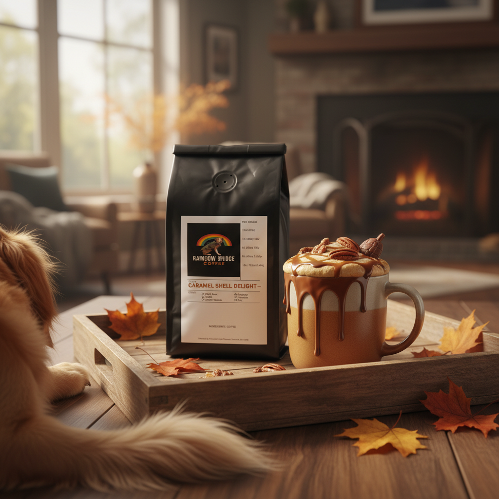 Autumn coffee tray with caramel turtle mocha, pecans and dog paws with Caramel Shell Delight coffee