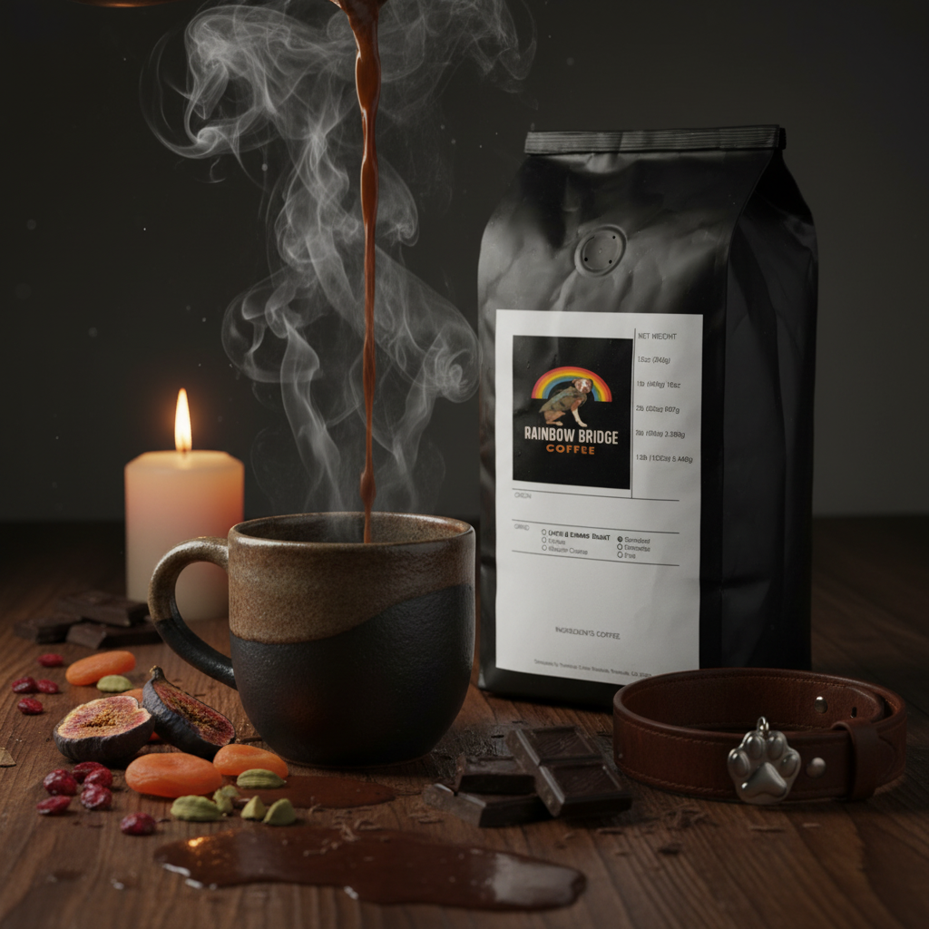 Dramatic syrupy pour into handcrafted ceramic by candlelight with paw print collar tag and Earth and Ember Roast Sumatra coffee