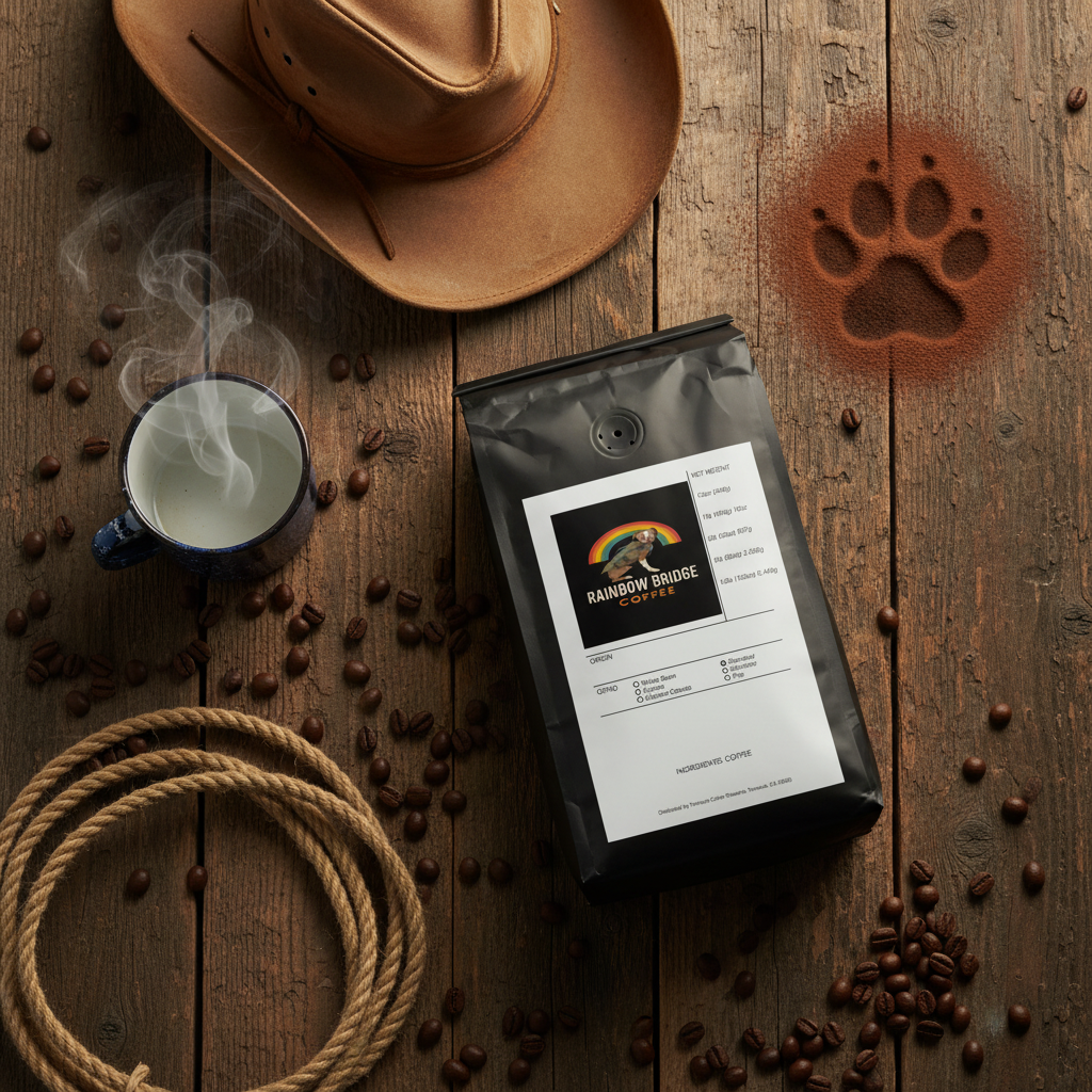 Rustic cowboy flat lay with leather hat, lasso rope and paw print in cocoa with Bear's Big-Hearted Brew Cowboy Blend coffee