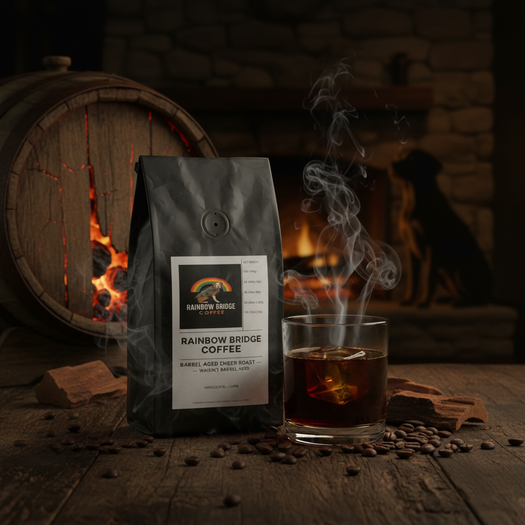 Bar top scene with ember glow barrel, rocks glass coffee and dog silhouette by fireplace with Barrel-Aged Ember Roast coffee