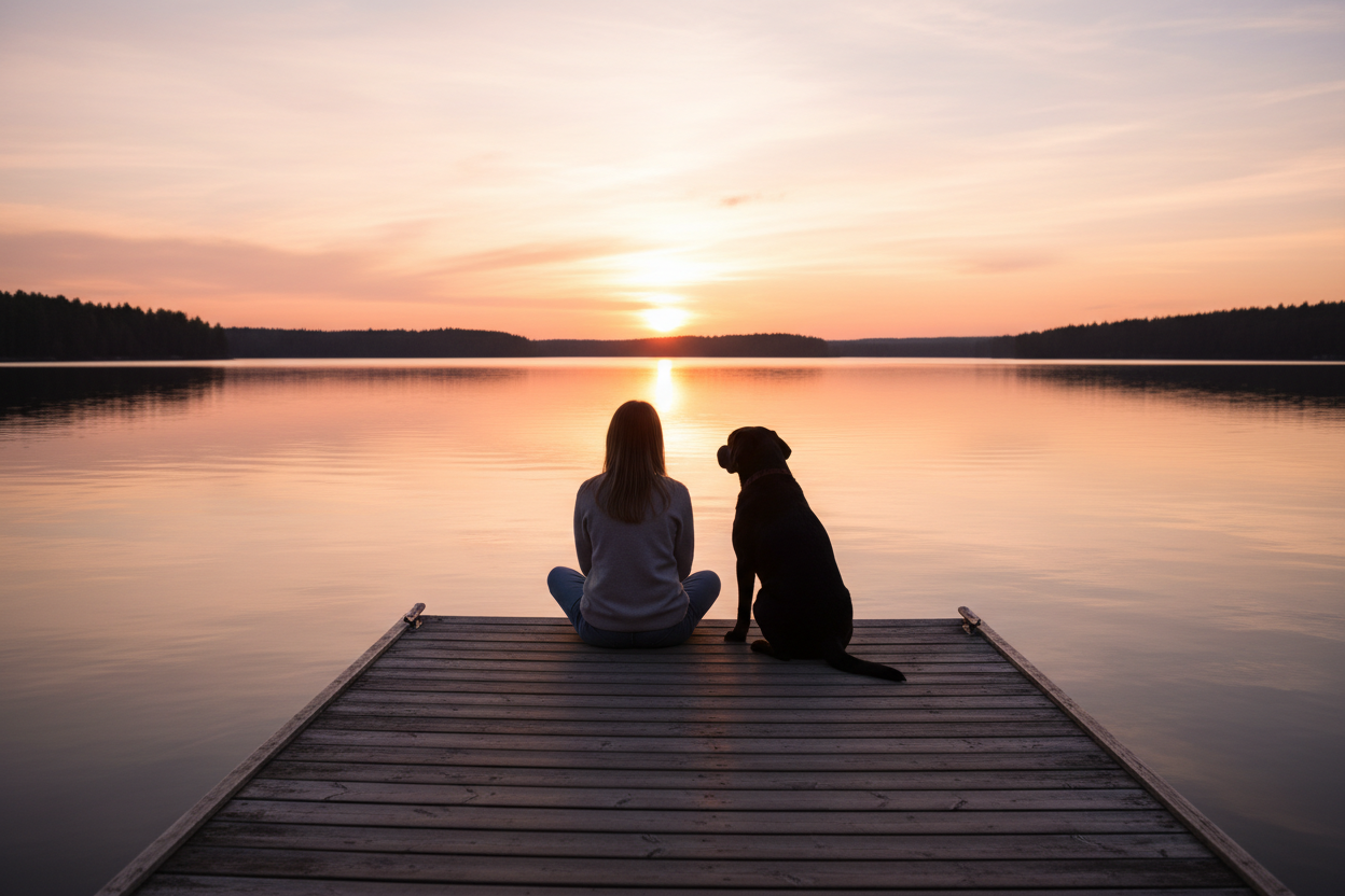 Person and black lab watching sunset on a dock